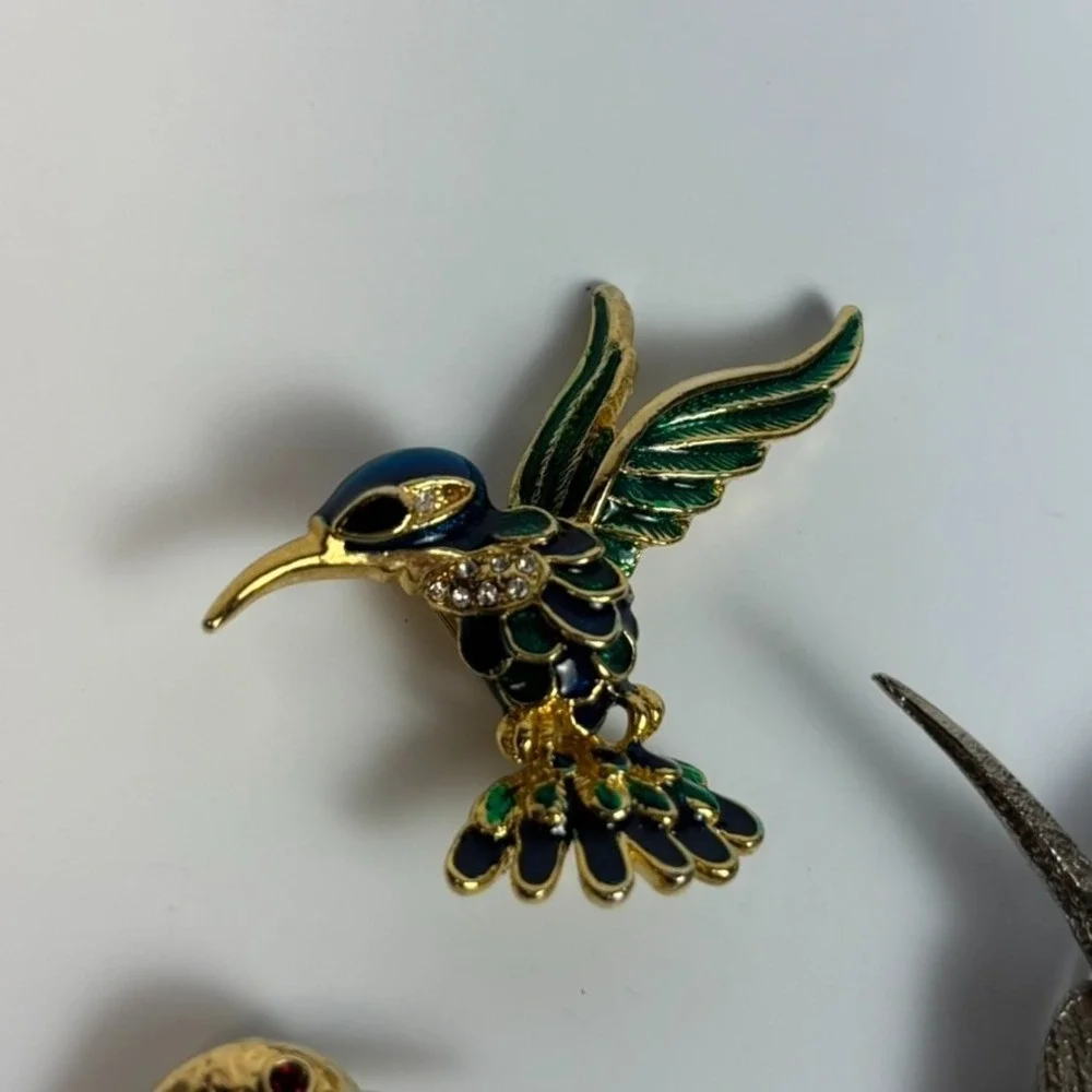 Brooch Lot Hummingbirds Vintage Silver Tone Green Painted Gold Tone‎ 2 inch